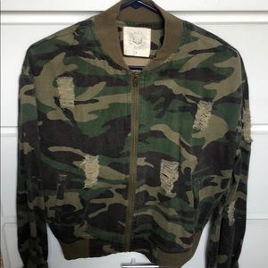 Destructed camo bomber jacket